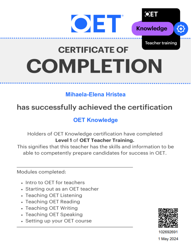 Mihaela Hristea - profesor certificat oficial OET - @OfficialOET